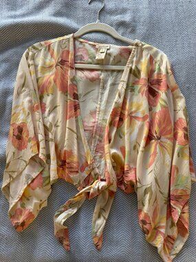 Hem & Thread Floral Tie Front Kimono Top Small Boho - S